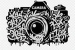 Black and white stylized camera illustration with intricate patterns
